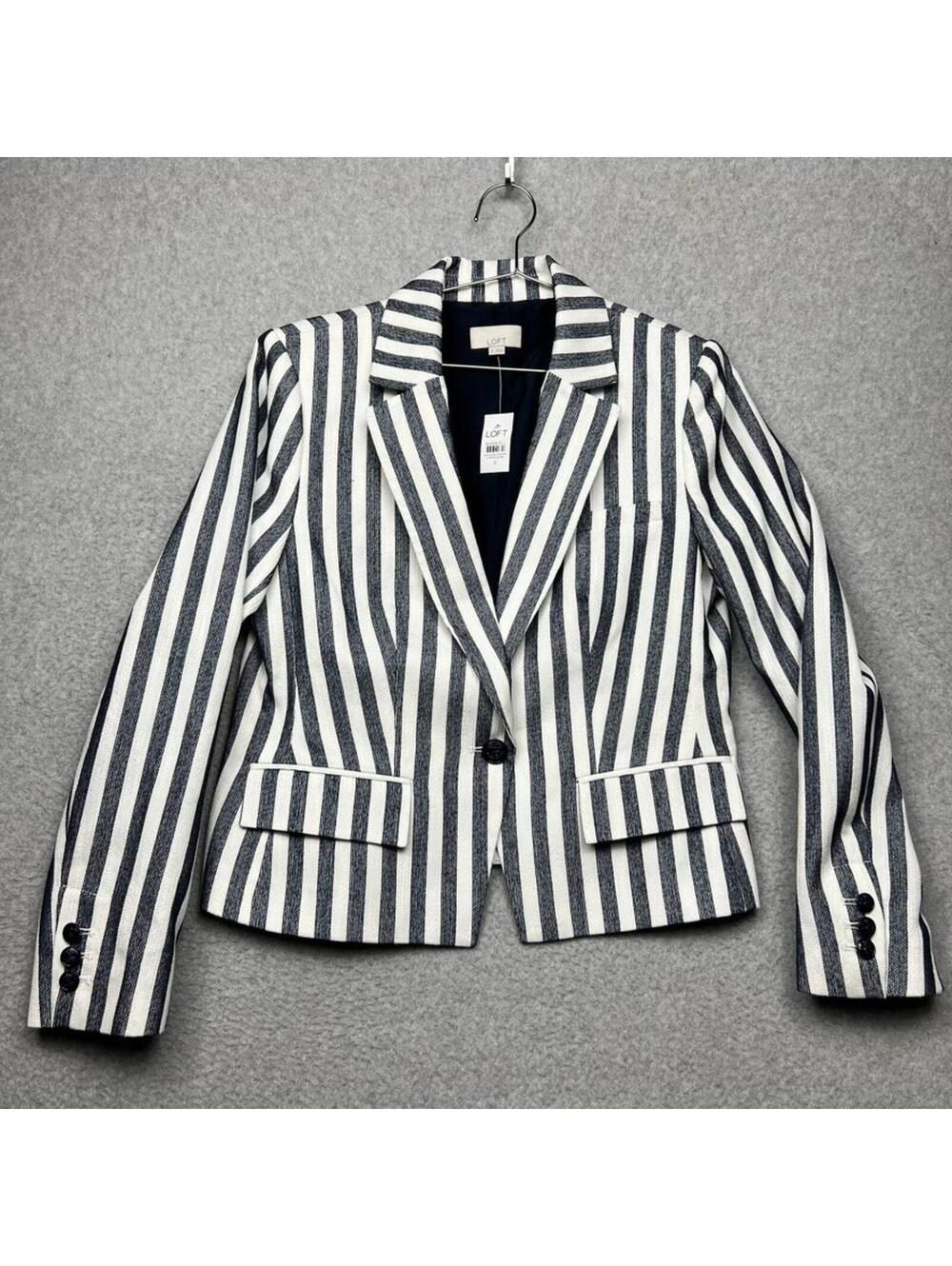 LOFT Navy White Striped Blazer Jacket 8/M Nautical Career Office Work Chic